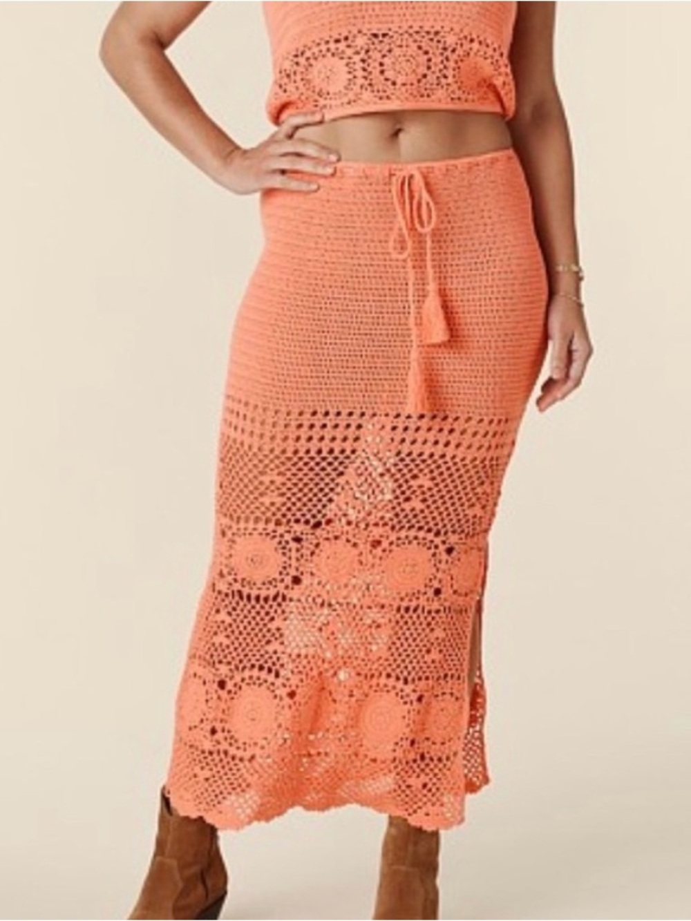 SPELL Let the Sunshine In crochet maxi see through skirt in peach size small